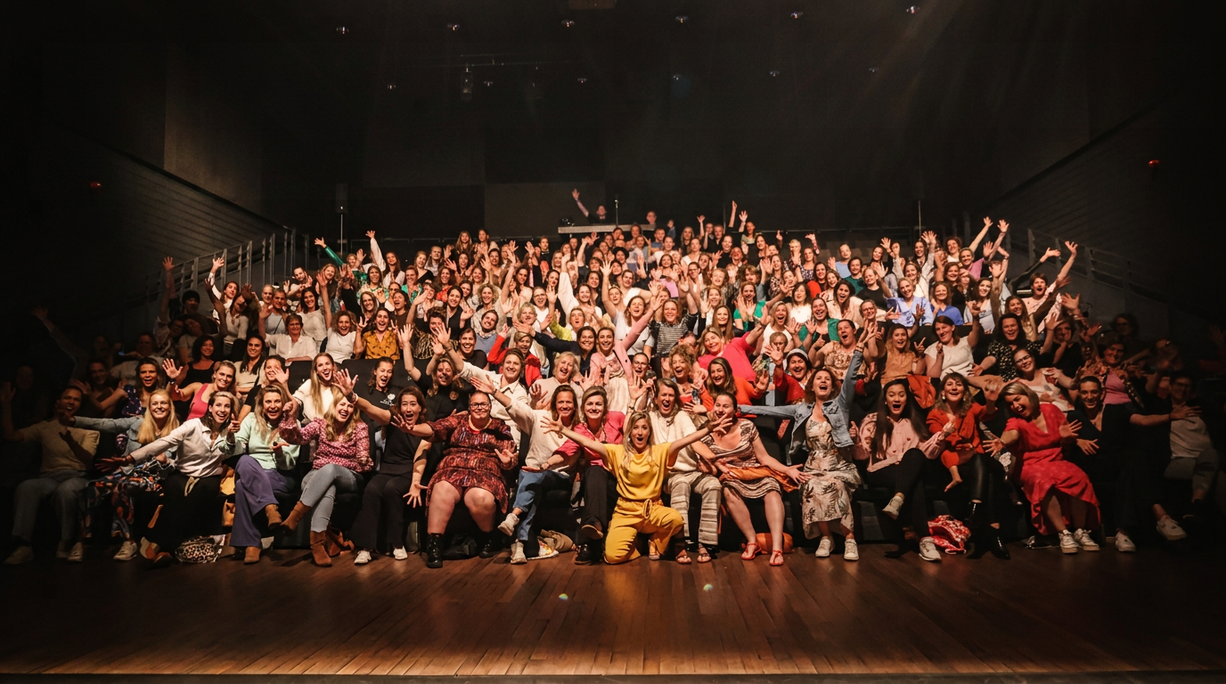Zaal vol vrouwen in een theater tijdens de Peri Meno Power Live Experience
